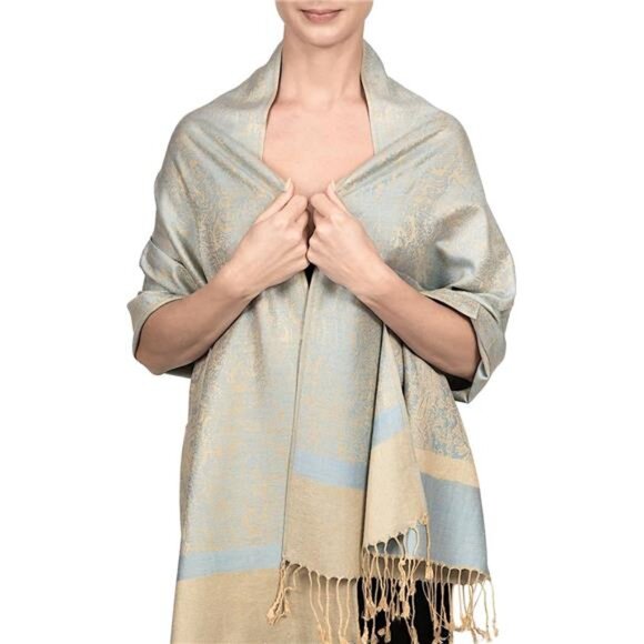Two Tone Paisley Pashmina Scarf, Blue Yellow - Picture 1 of 6